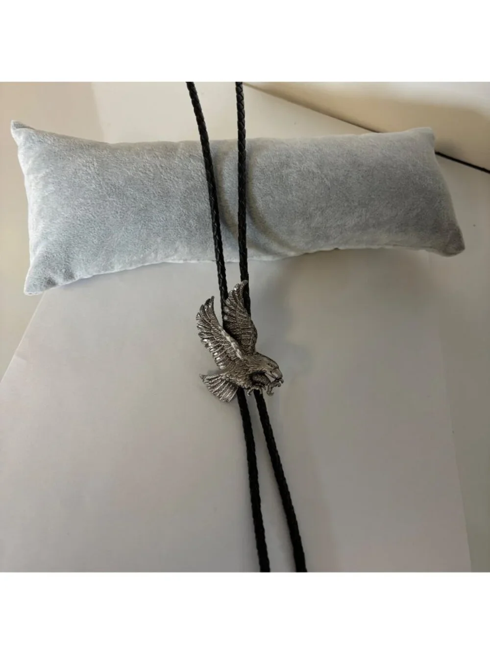 Vintage Mens Bolo Tie Pewter Eagle Pendant Braided Black Leather Cord EJC 1989